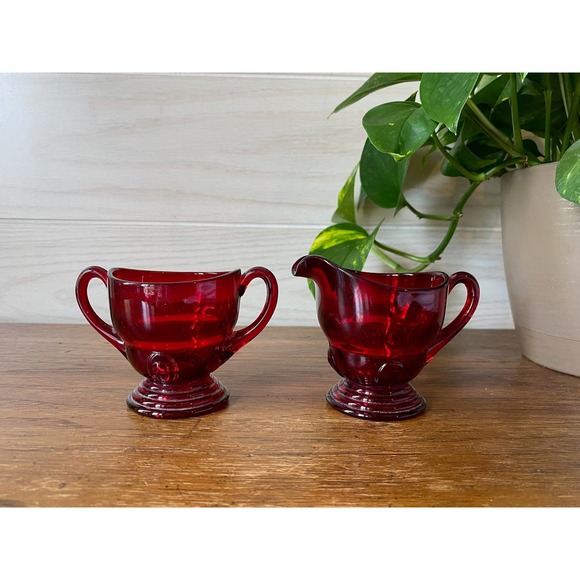 Vintage New Martinsville Ruby Red Glass Sugar & Creamer | Moondrops Pattern - Picture 2 of 3